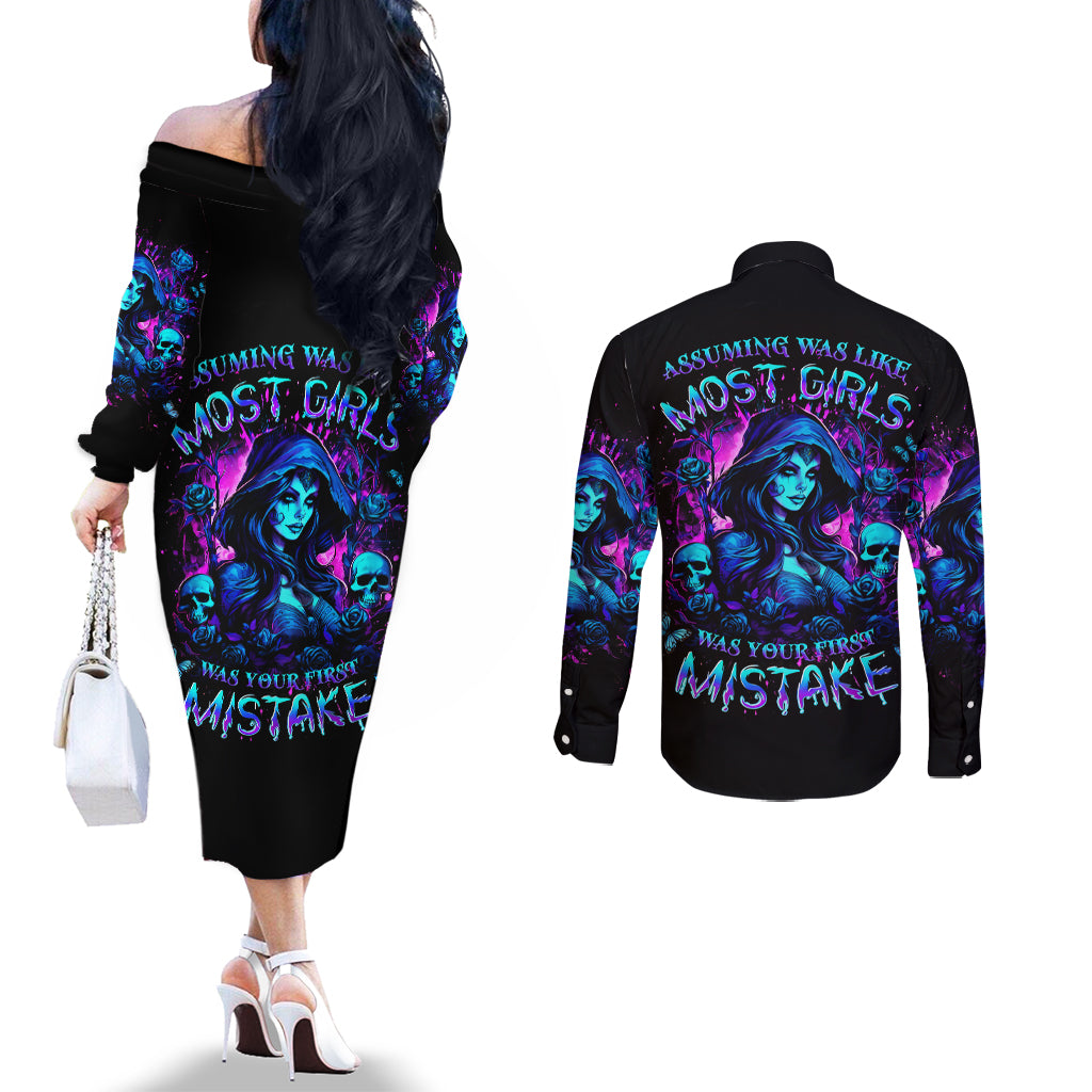Witch Skull Couples Matching Off The Shoulder Long Sleeve Dress and Long Sleeve Button Shirt Assuming Was Like Most Girls Was Your First Mistake