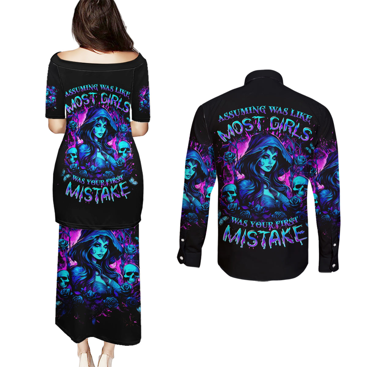 Witch Skull Couples Matching Puletasi and Long Sleeve Button Shirt Assuming Was Like Most Girls Was Your First Mistake - Wonder Print Shop