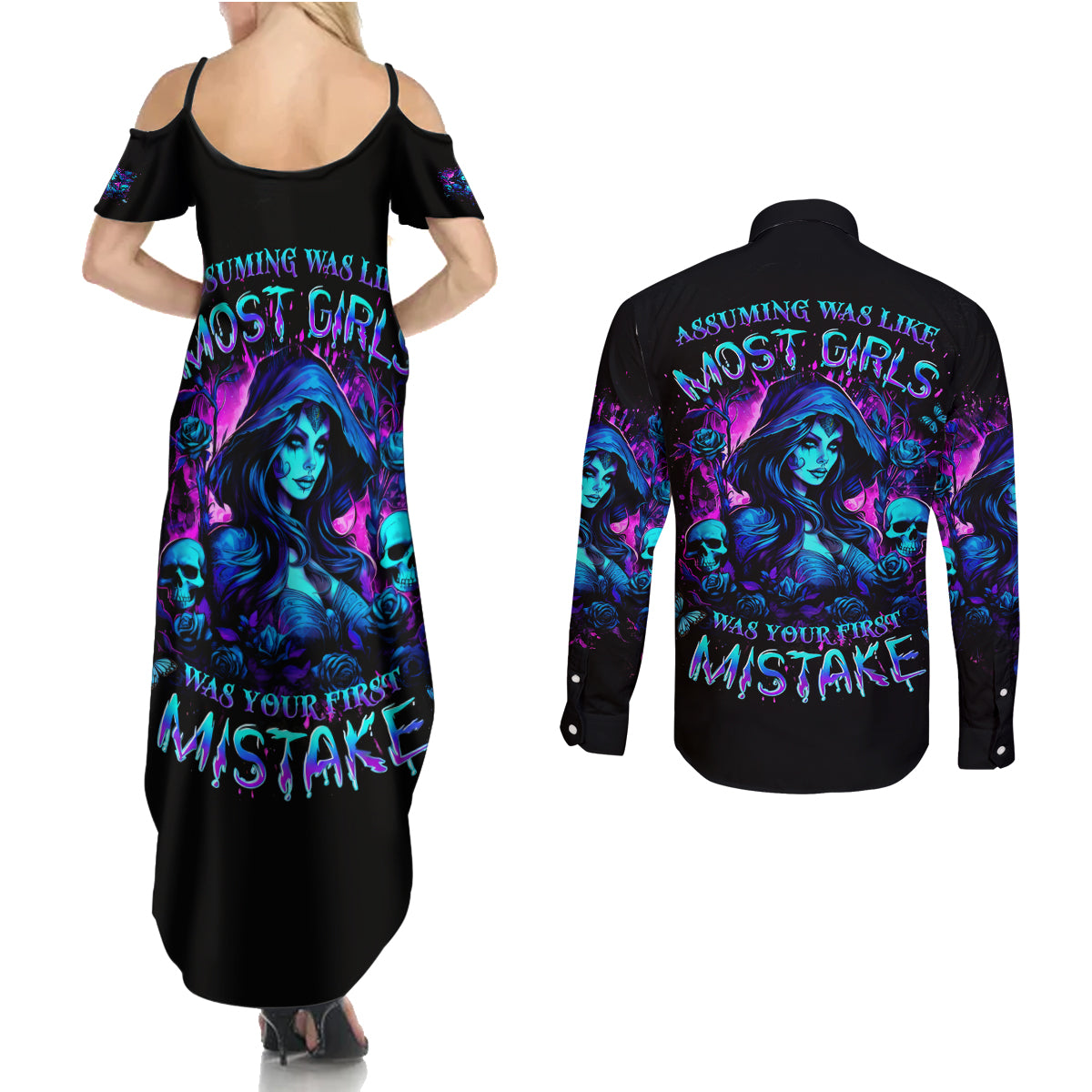 Witch Skull Couples Matching Summer Maxi Dress and Long Sleeve Button Shirt Assuming Was Like Most Girls Was Your First Mistake - Wonder Print Shop