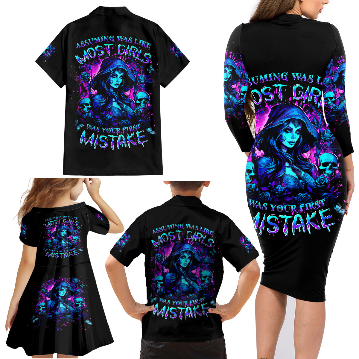 Witch Skull Family Matching Long Sleeve Bodycon Dress and Hawaiian Shirt Assuming Was Like Most Girls Was Your First Mistake - Wonder Print Shop