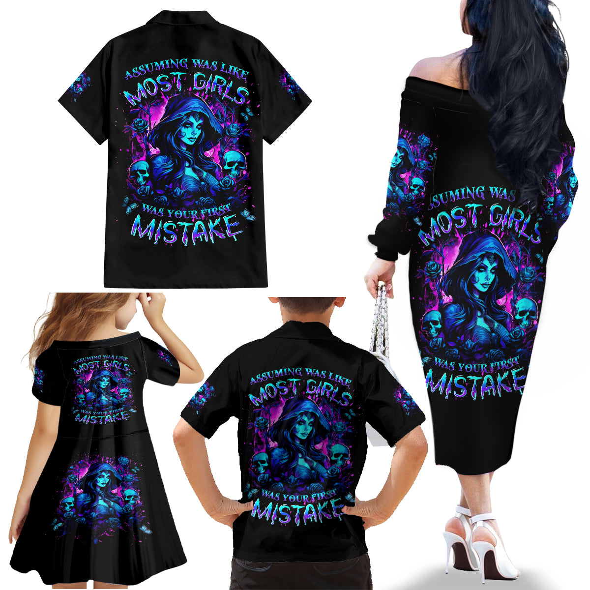 Witch Skull Family Matching Off Shoulder Long Sleeve Dress and Hawaiian Shirt Assuming Was Like Most Girls Was Your First Mistake - Wonder Print Shop