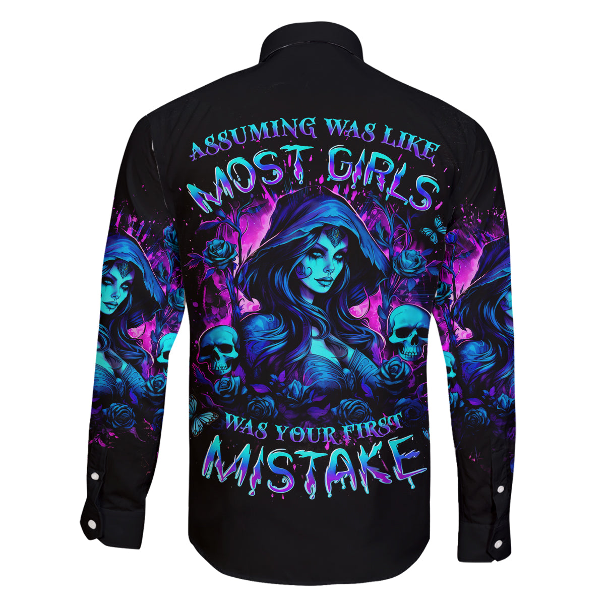 Witch Skull Family Matching Off Shoulder Long Sleeve Dress and Hawaiian Shirt Assuming Was Like Most Girls Was Your First Mistake - Wonder Print Shop