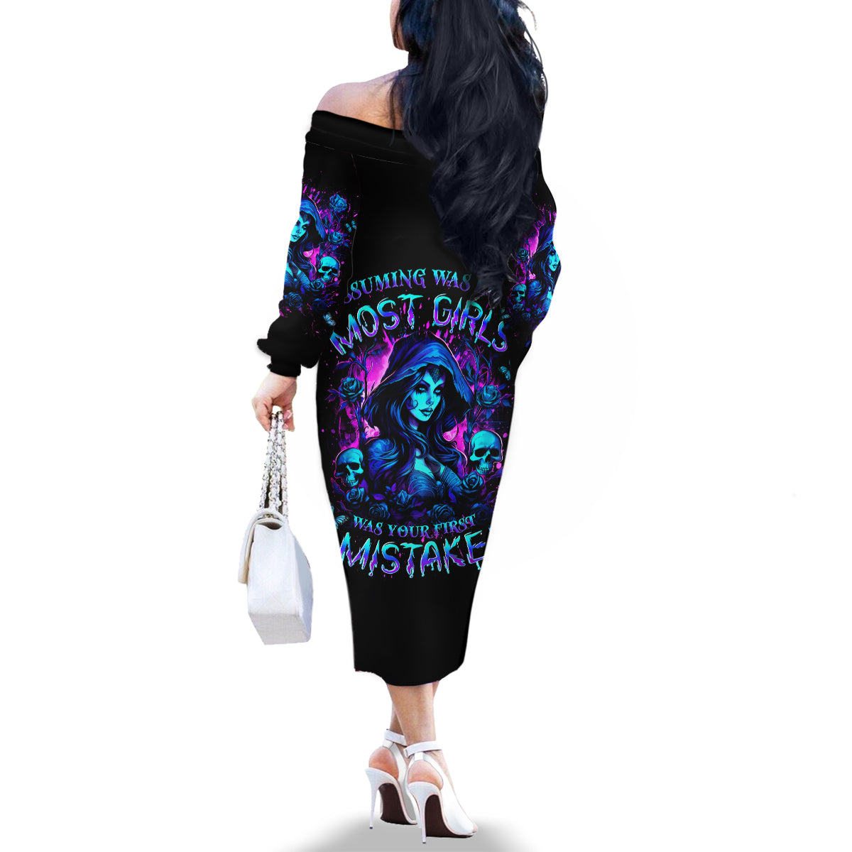 Witch Skull Family Matching Off Shoulder Long Sleeve Dress and Hawaiian Shirt Assuming Was Like Most Girls Was Your First Mistake - Wonder Print Shop