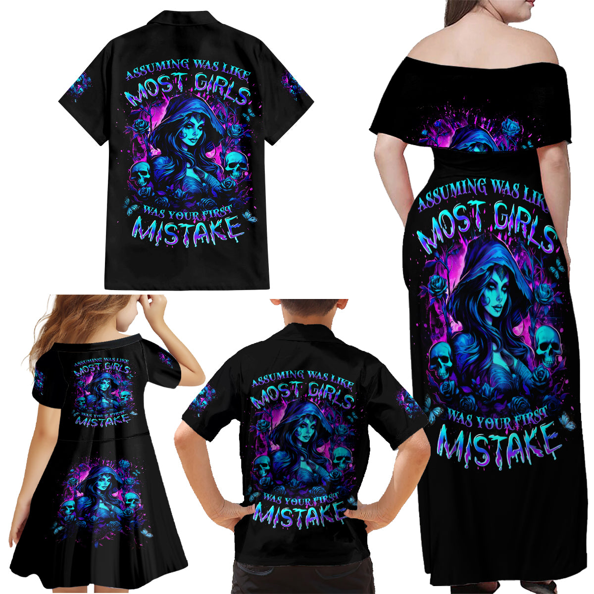 Witch Skull Family Matching Off Shoulder Maxi Dress and Hawaiian Shirt Assuming Was Like Most Girls Was Your First Mistake - Wonder Print Shop