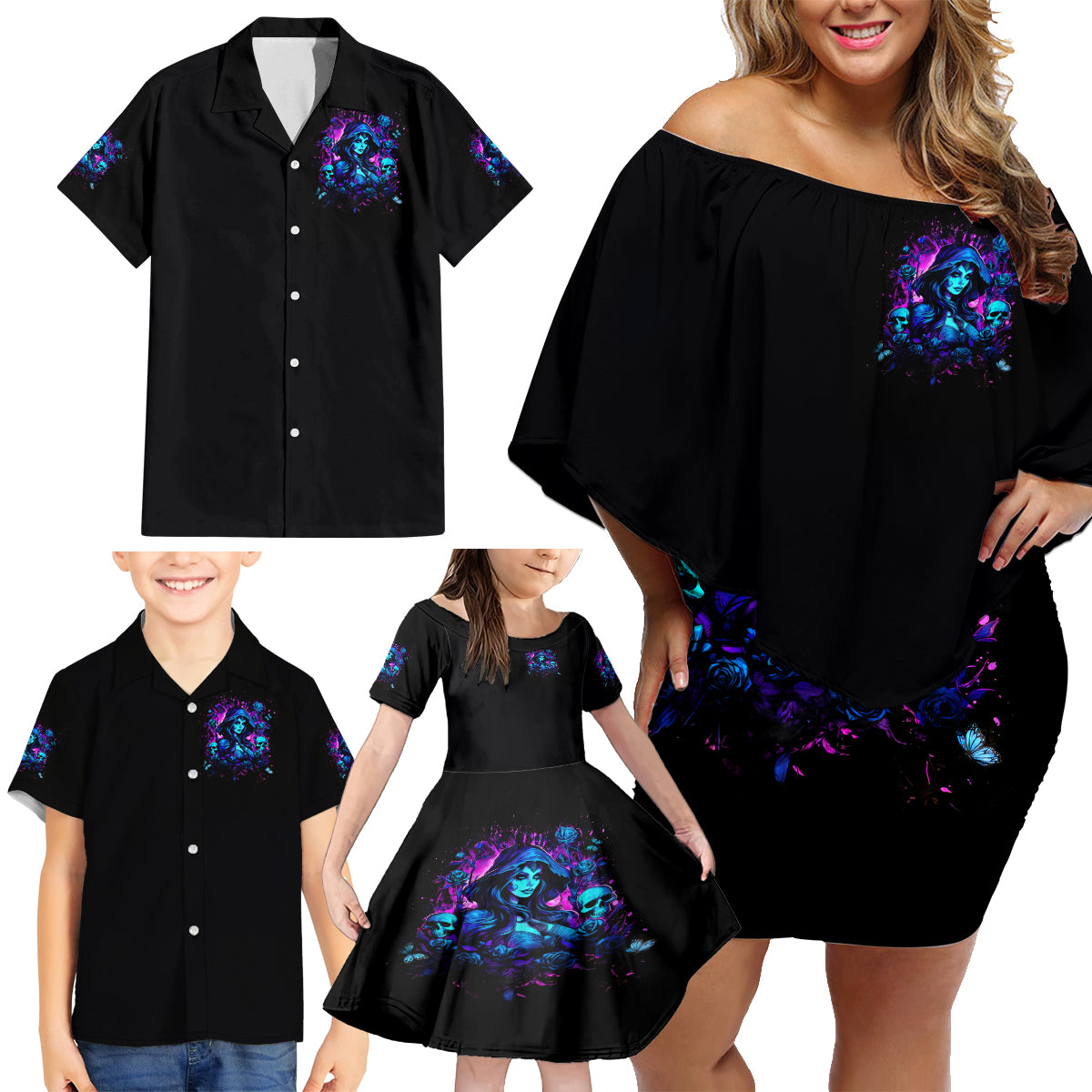 Witch Skull Family Matching Off Shoulder Short Dress and Hawaiian Shirt Assuming Was Like Most Girls Was Your First Mistake - Wonder Print Shop