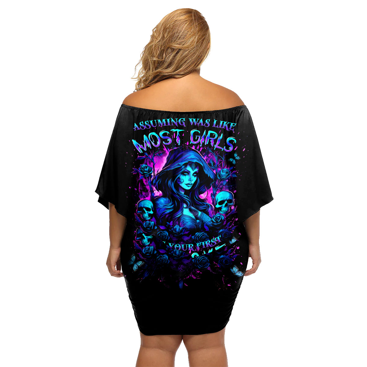 Witch Skull Family Matching Off Shoulder Short Dress and Hawaiian Shirt Assuming Was Like Most Girls Was Your First Mistake - Wonder Print Shop