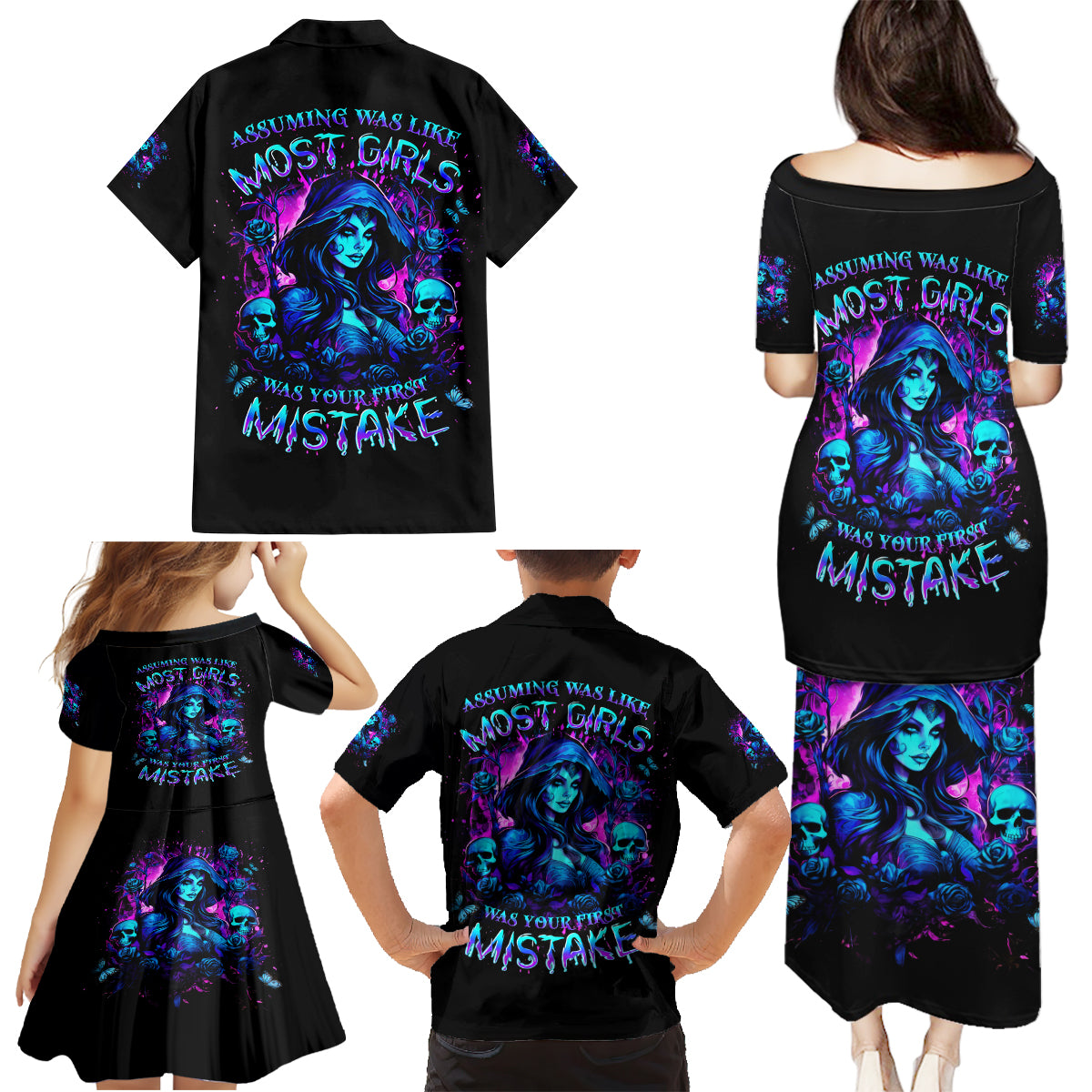 Witch Skull Family Matching Puletasi and Hawaiian Shirt Assuming Was Like Most Girls Was Your First Mistake - Wonder Print Shop