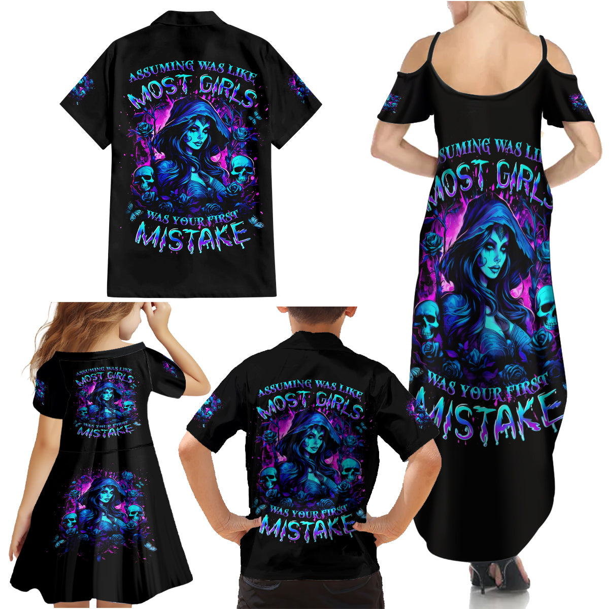 Witch Skull Family Matching Summer Maxi Dress and Hawaiian Shirt Assuming Was Like Most Girls Was Your First Mistake - Wonder Print Shop