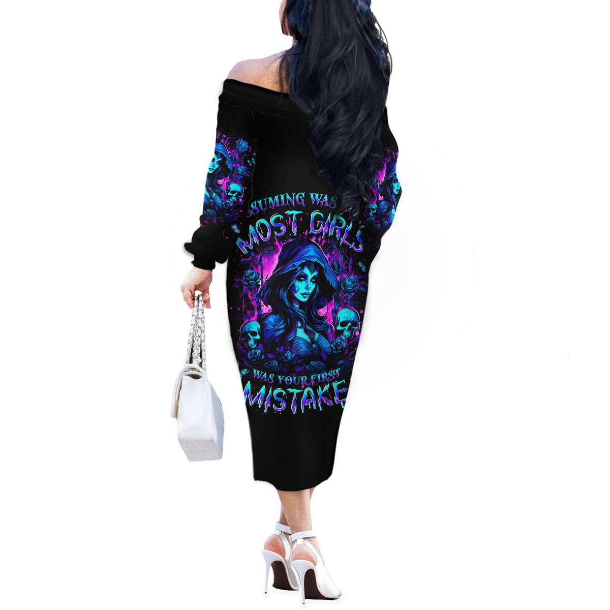 Witch Skull Off The Shoulder Long Sleeve Dress Assuming Was Like Most Girls Was Your First Mistake - Wonder Print Shop
