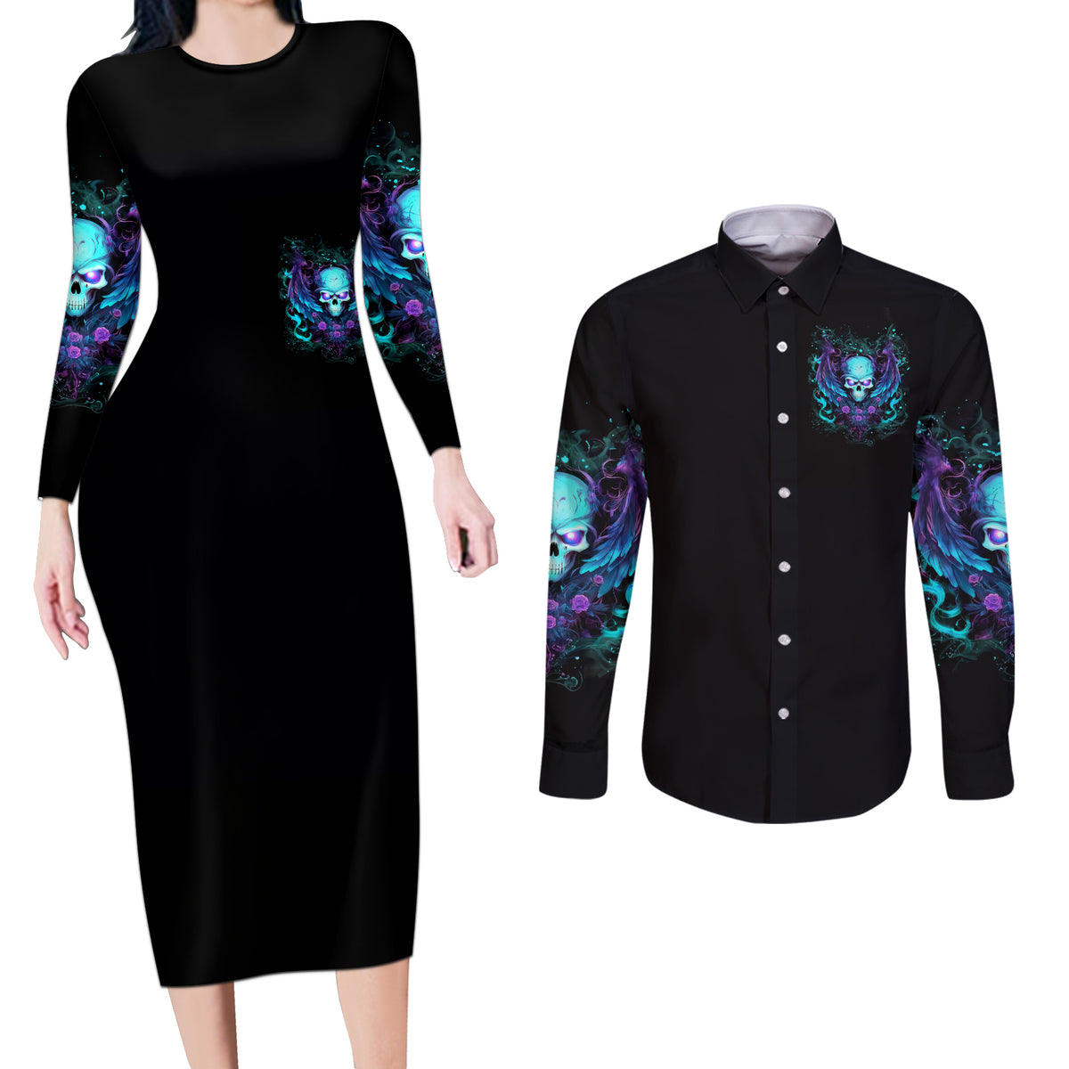 Angel Skull Couples Matching Long Sleeve Bodycon Dress and Long Sleeve Button Shirt I'm Not Anti-Social I'm Just Not User Friendly - Wonder Print Shop