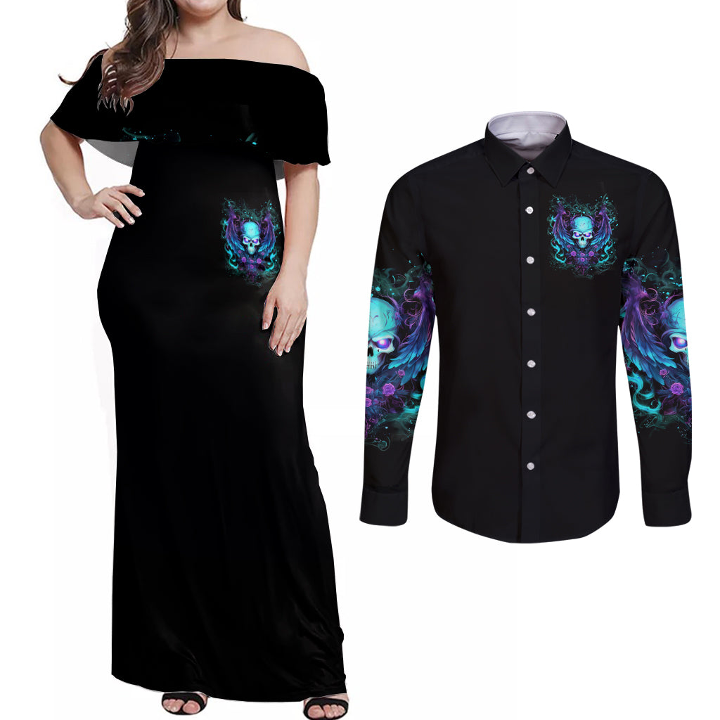 Angel Skull Couples Matching Off Shoulder Maxi Dress and Long Sleeve Button Shirt I'm Not Anti-Social I'm Just Not User Friendly - Wonder Print Shop