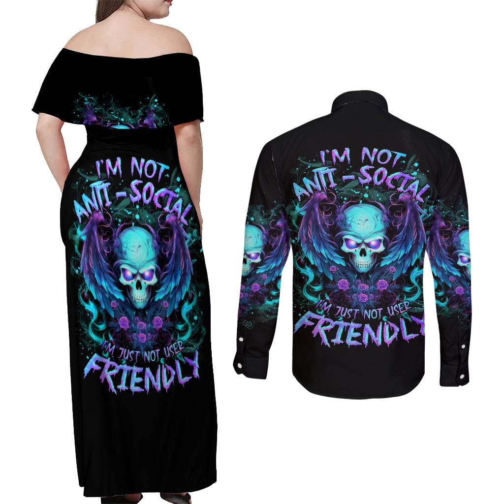 Angel Skull Couples Matching Off Shoulder Maxi Dress and Long Sleeve Button Shirt I'm Not Anti-Social I'm Just Not User Friendly - Wonder Print Shop