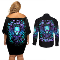 Angel Skull Couples Matching Off Shoulder Short Dress and Long Sleeve Button Shirt I'm Not Anti-Social I'm Just Not User Friendly - Wonder Print Shop