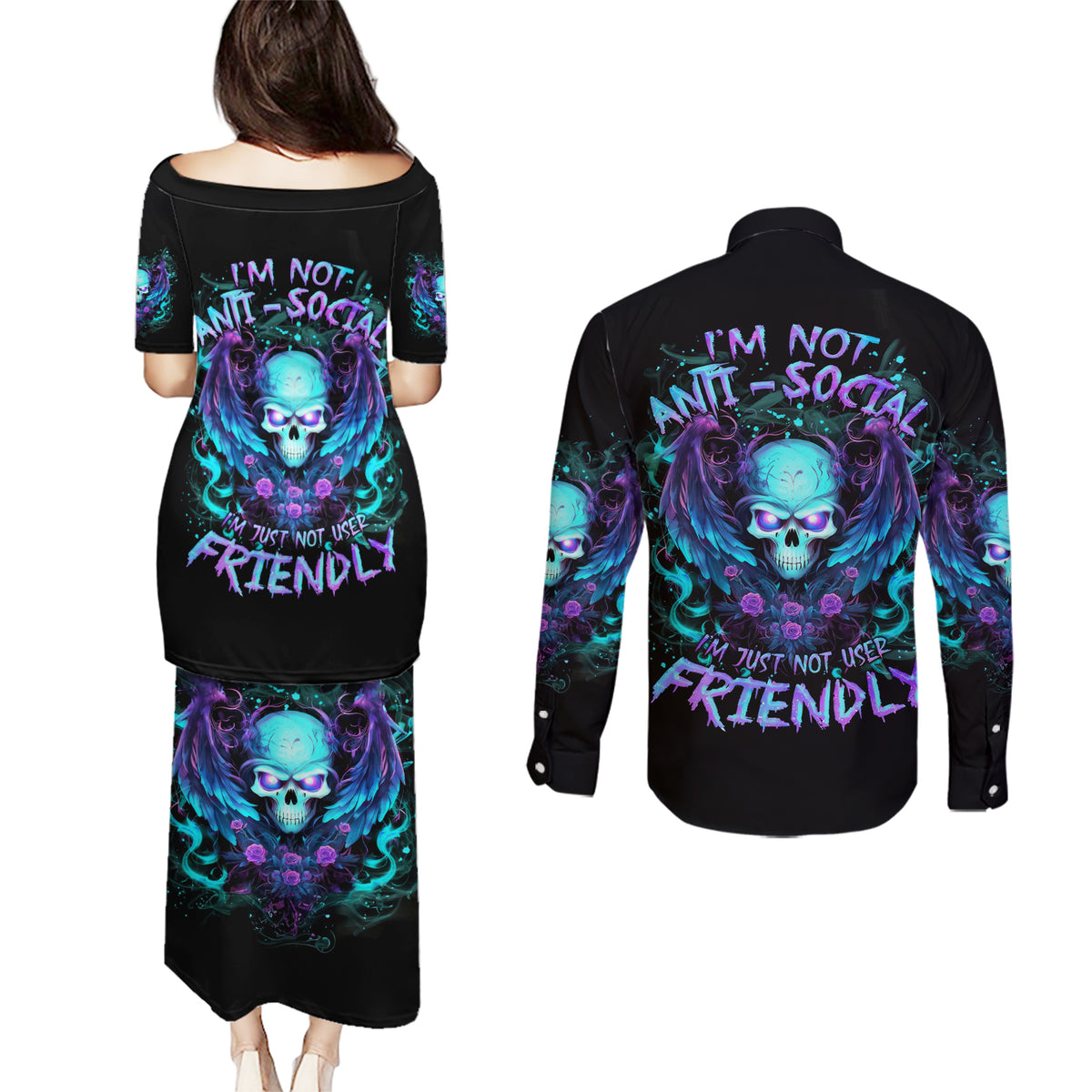 Angel Skull Couples Matching Puletasi and Long Sleeve Button Shirt I'm Not Anti-Social I'm Just Not User Friendly - Wonder Print Shop