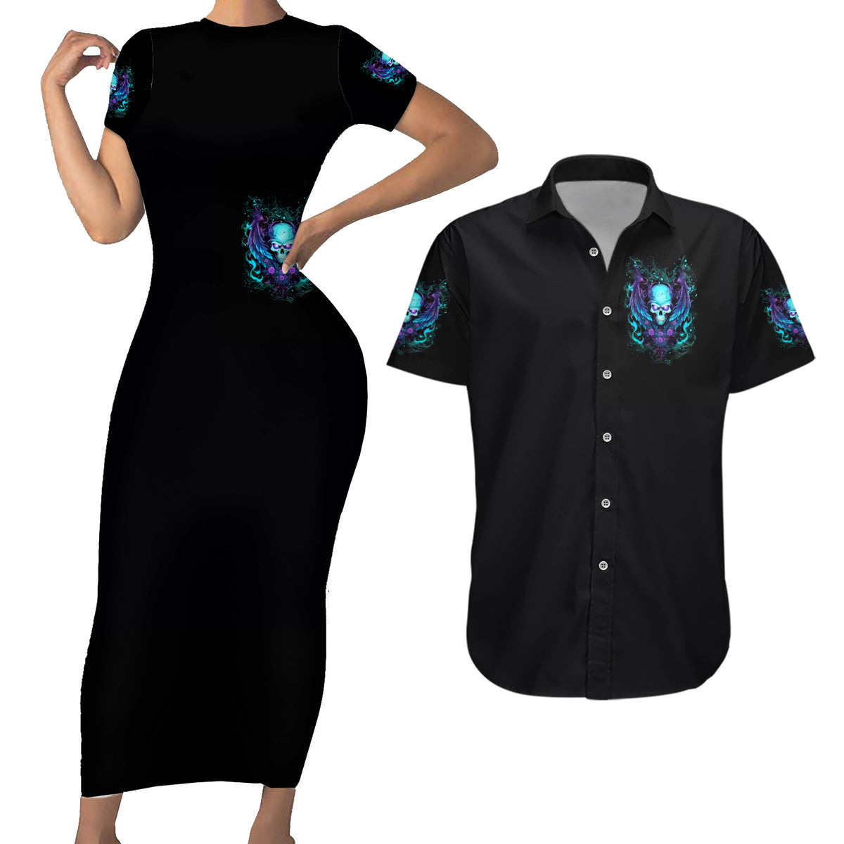 Angel Skull Couples Matching Short Sleeve Bodycon Dress and Hawaiian Shirt I'm Not Anti-Social I'm Just Not User Friendly - Wonder Print Shop