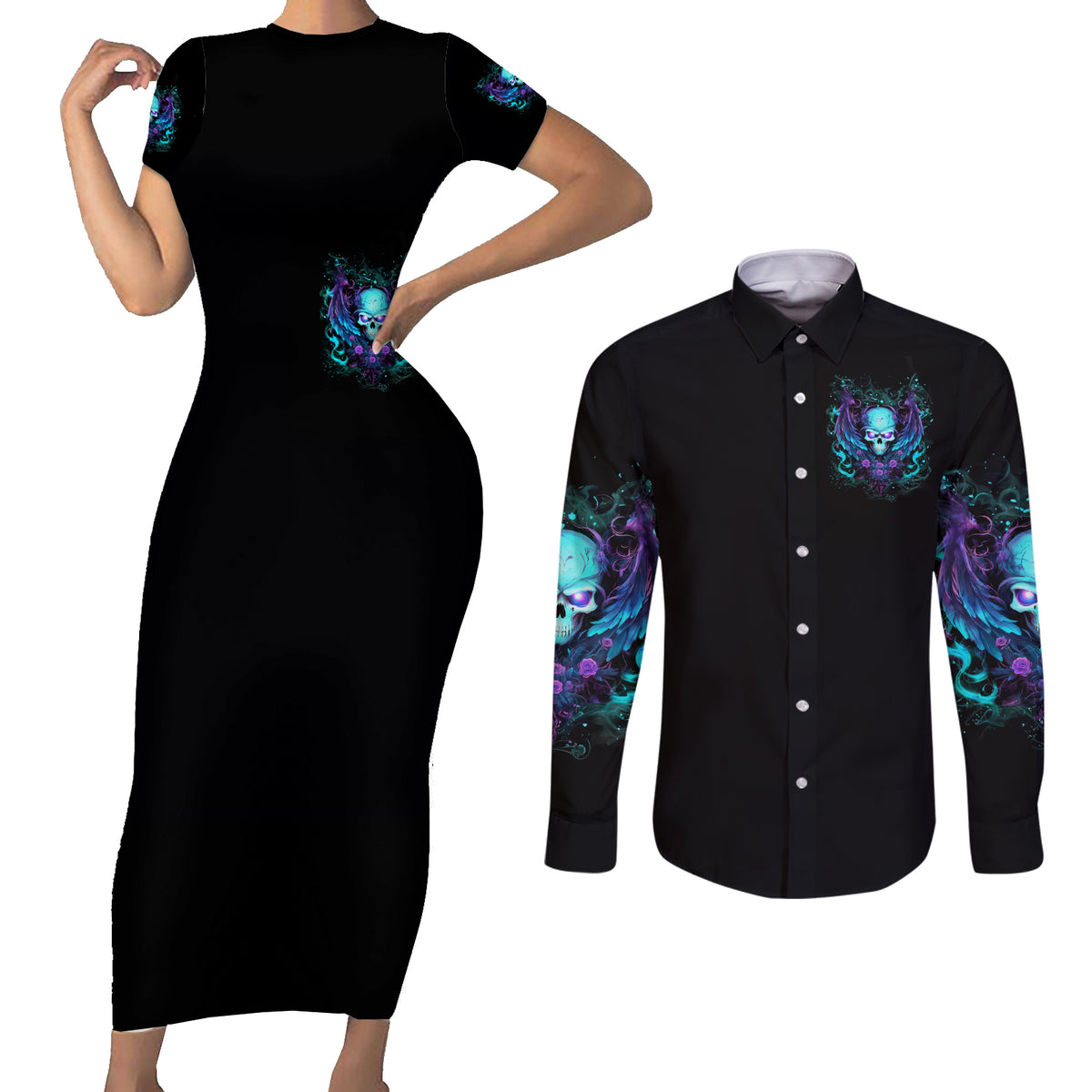 Angel Skull Couples Matching Short Sleeve Bodycon Dress and Long Sleeve Button Shirt I'm Not Anti-Social I'm Just Not User Friendly - Wonder Print Shop