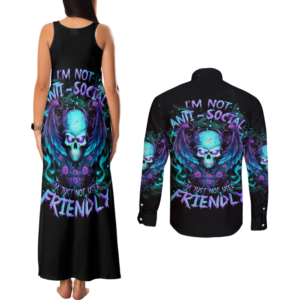 Angel Skull Couples Matching Tank Maxi Dress and Long Sleeve Button Shirt I'm Not Anti-Social I'm Just Not User Friendly - Wonder Print Shop