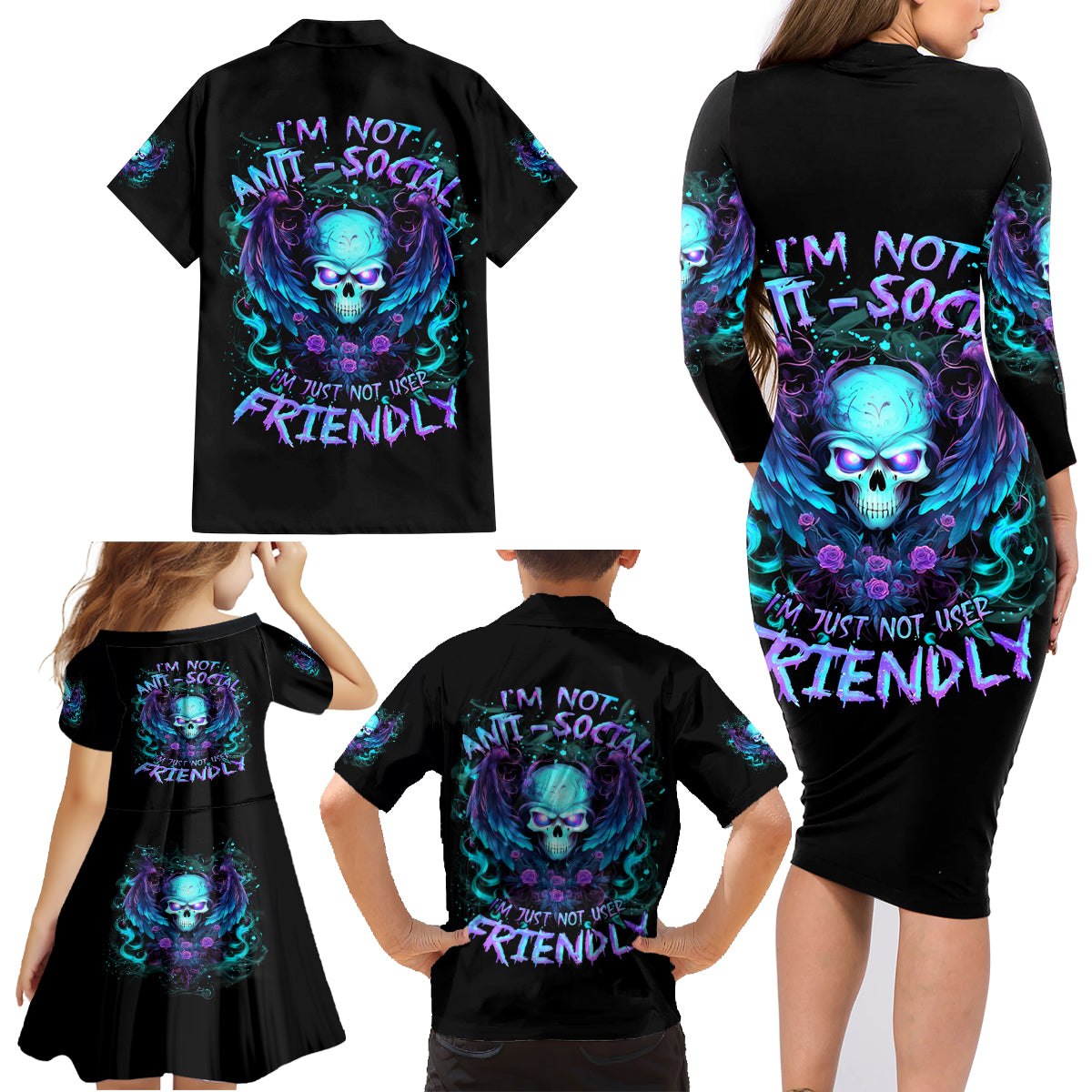 Angel Skull Family Matching Long Sleeve Bodycon Dress and Hawaiian Shirt I'm Not Anti-Social I'm Just Not User Friendly - Wonder Print Shop