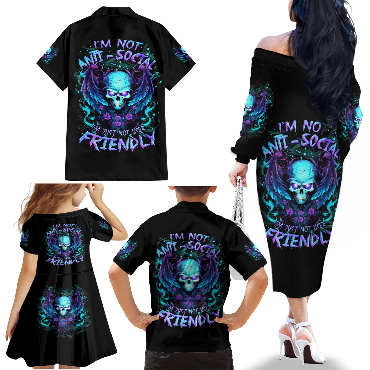 Angel Skull Family Matching Off Shoulder Long Sleeve Dress and Hawaiian Shirt I'm Not Anti-Social I'm Just Not User Friendly - Wonder Print Shop