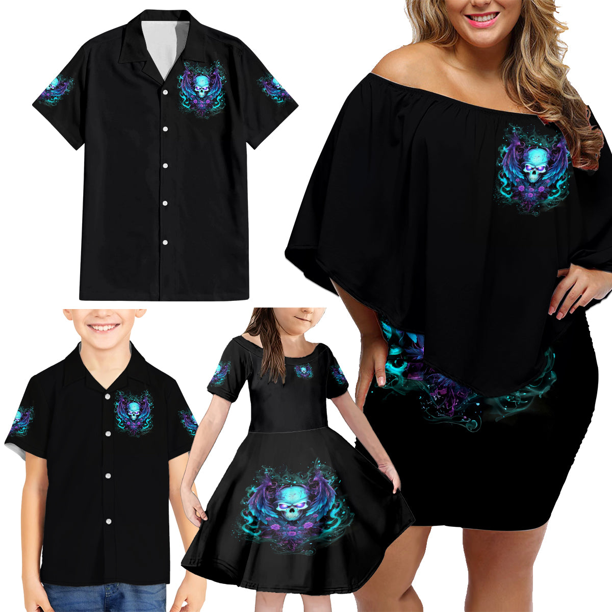 Angel Skull Family Matching Off Shoulder Short Dress and Hawaiian Shirt I'm Not Anti-Social I'm Just Not User Friendly - Wonder Print Shop