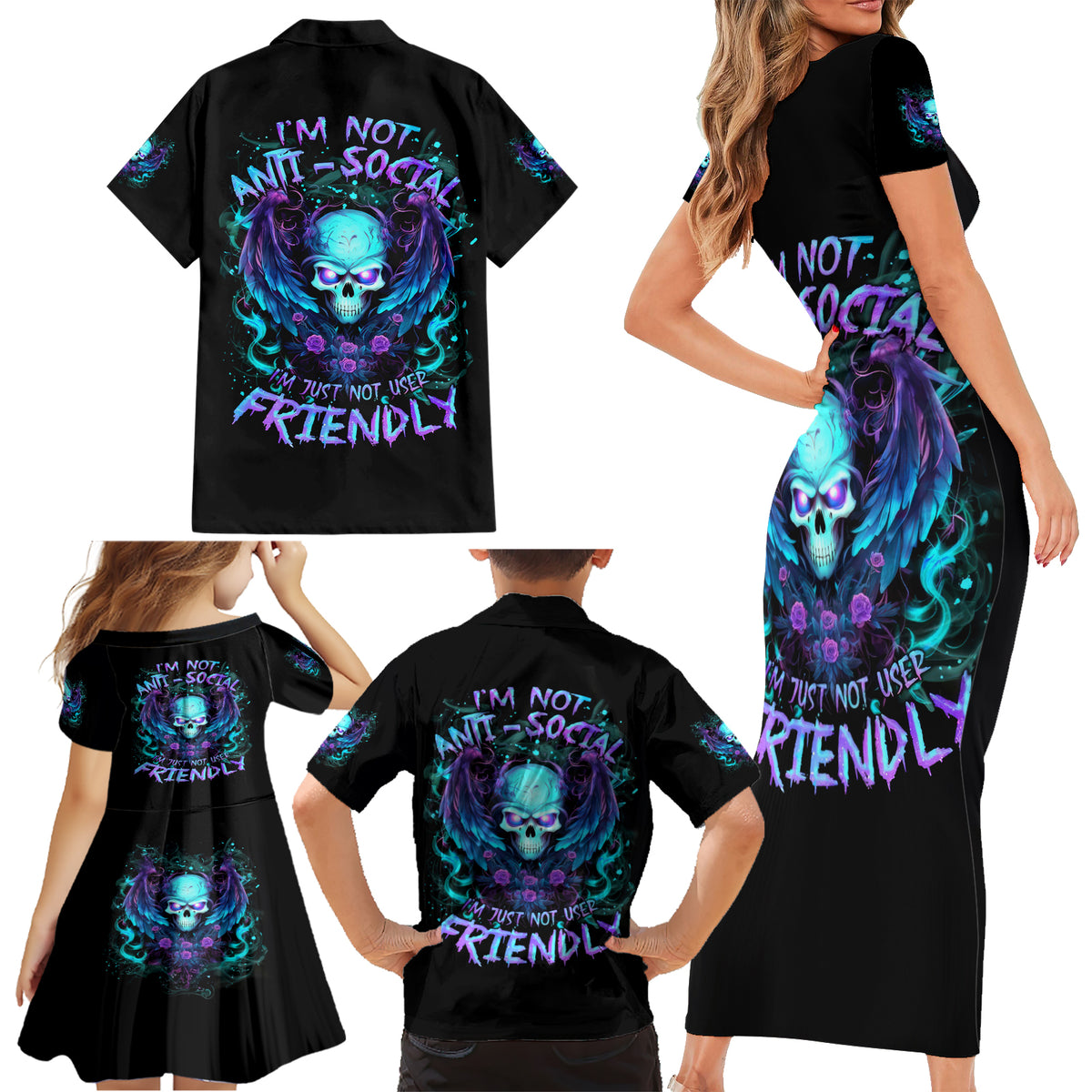 Angel Skull Family Matching Short Sleeve Bodycon Dress and Hawaiian Shirt I'm Not Anti-Social I'm Just Not User Friendly - Wonder Print Shop