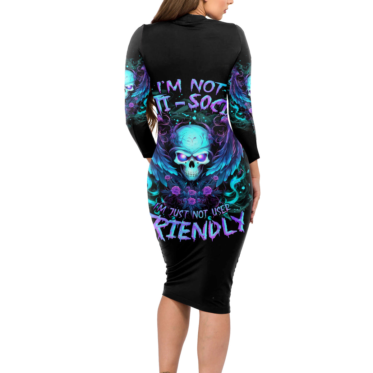 Angel Skull Long Sleeve Bodycon Dress I'm Not Anti-Social I'm Just Not User Friendly - Wonder Print Shop