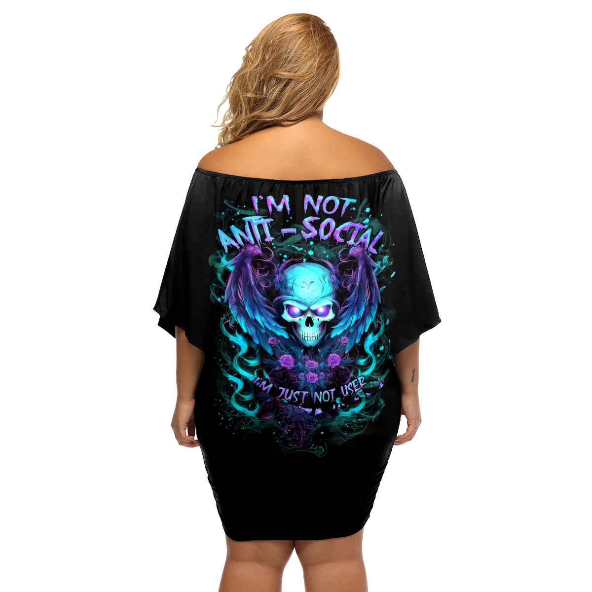 Angel Skull Off Shoulder Short Dress I'm Not Anti-Social I'm Just Not User Friendly - Wonder Print Shop