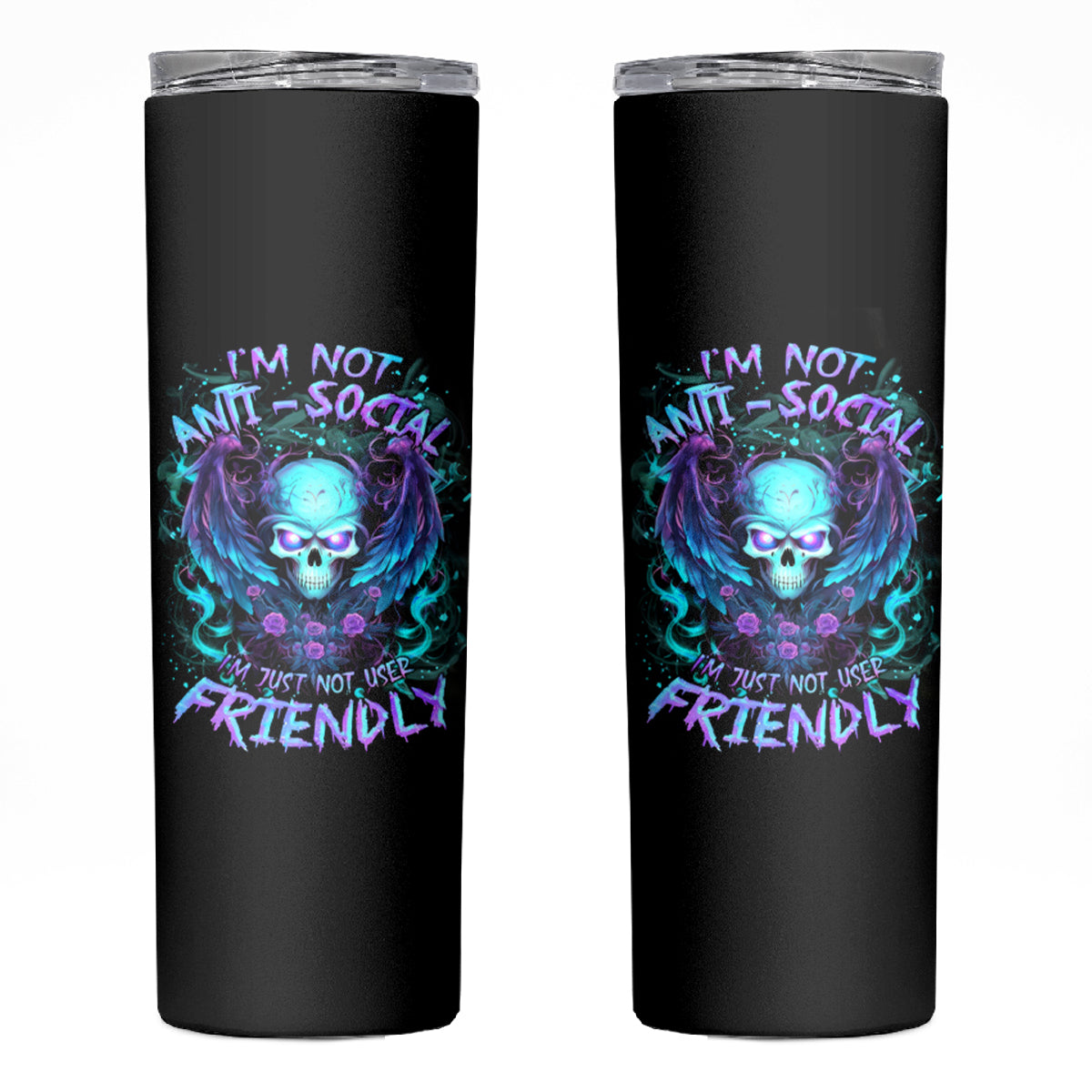 Angel Skull Skinny Tumbler I'm Not Anti-Social I'm Just Not User Friendly - Wonder Print Shop