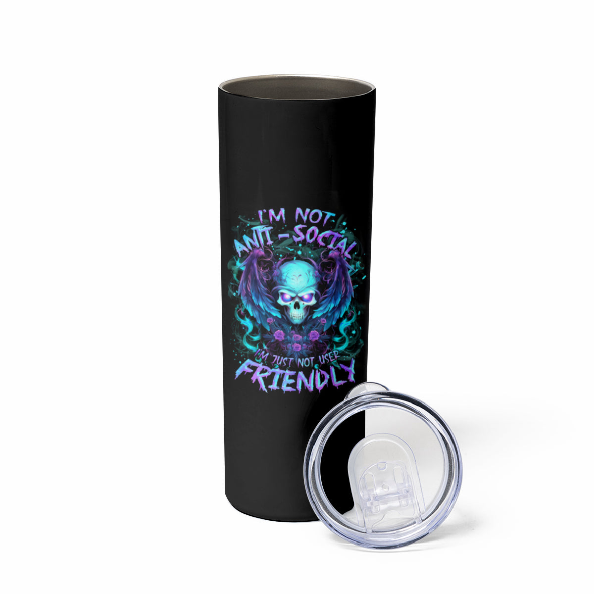 Angel Skull Skinny Tumbler I'm Not Anti-Social I'm Just Not User Friendly - Wonder Print Shop