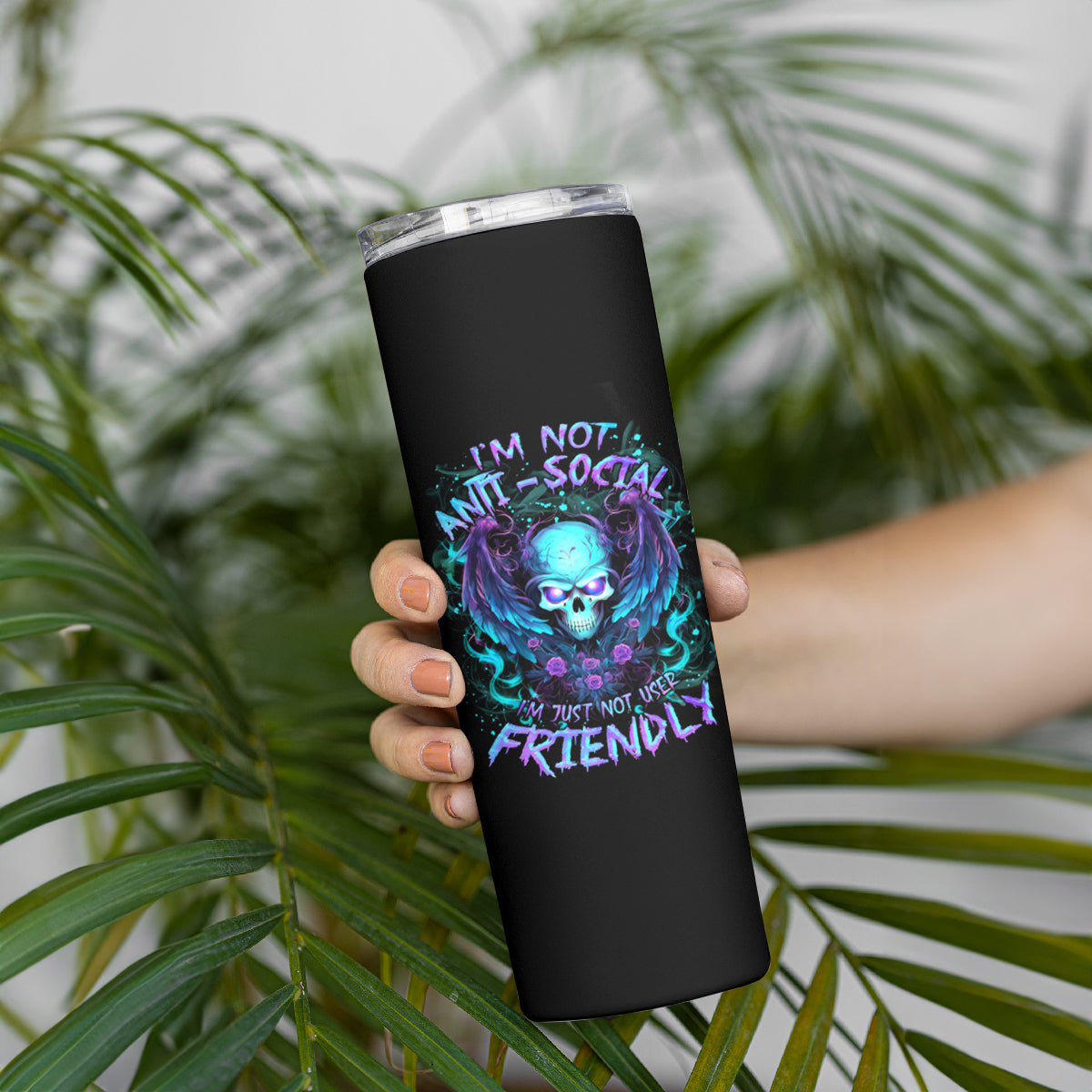 Angel Skull Skinny Tumbler I'm Not Anti-Social I'm Just Not User Friendly - Wonder Print Shop