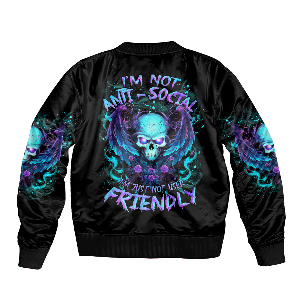 Angel Skull Sleeve Zip Bomber Jacket I'm Not Anti-Social I'm Just Not User Friendly - Wonder Print Shop