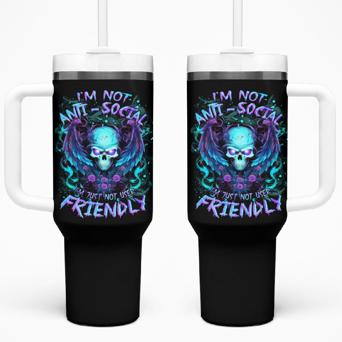 Angel Skull Tumbler With Handle I'm Not Anti-Social I'm Just Not User Friendly - Wonder Print Shop