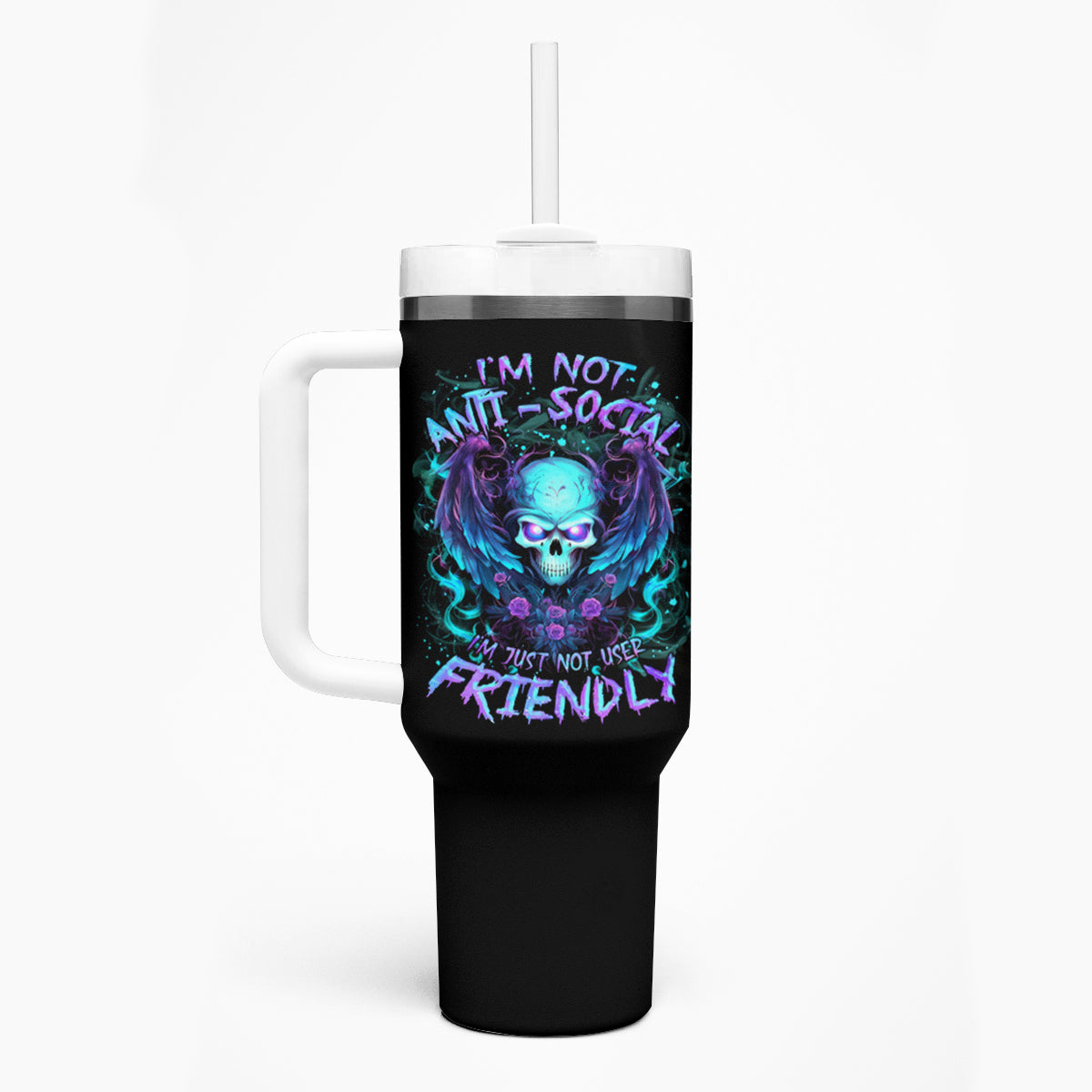 Angel Skull Tumbler With Handle I'm Not Anti-Social I'm Just Not User Friendly - Wonder Print Shop