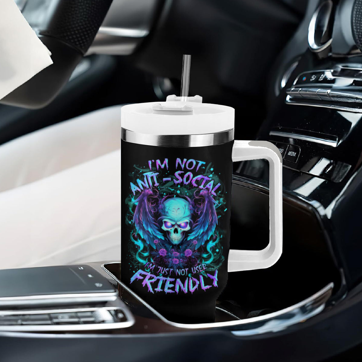 Angel Skull Tumbler With Handle I'm Not Anti-Social I'm Just Not User Friendly - Wonder Print Shop