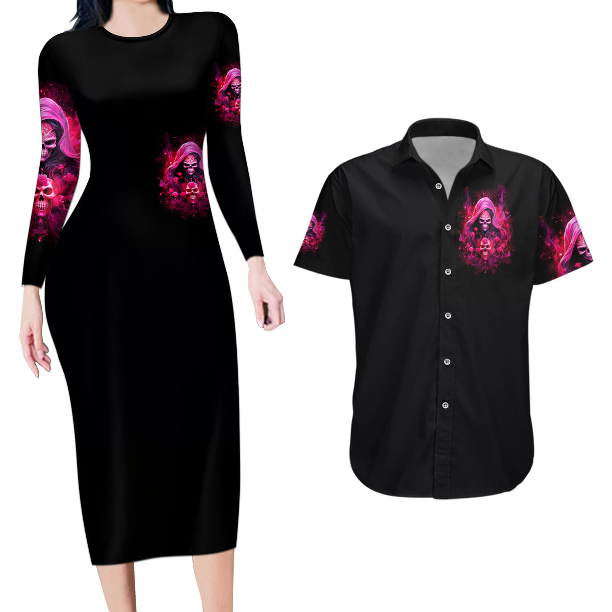 Witch Skull Couples Matching Long Sleeve Bodycon Dress and Hawaiian Shirt I'm Not Anti-Social I'm Just Not User Friendly - Wonder Print Shop