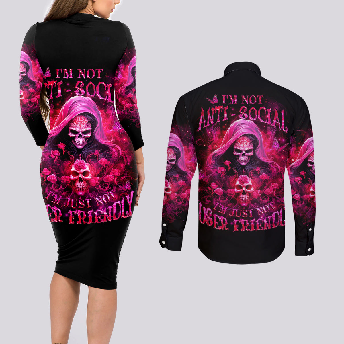 Witch Skull Couples Matching Long Sleeve Bodycon Dress and Long Sleeve Button Shirt I'm Not Anti-Social I'm Just Not User Friendly - Wonder Print Shop