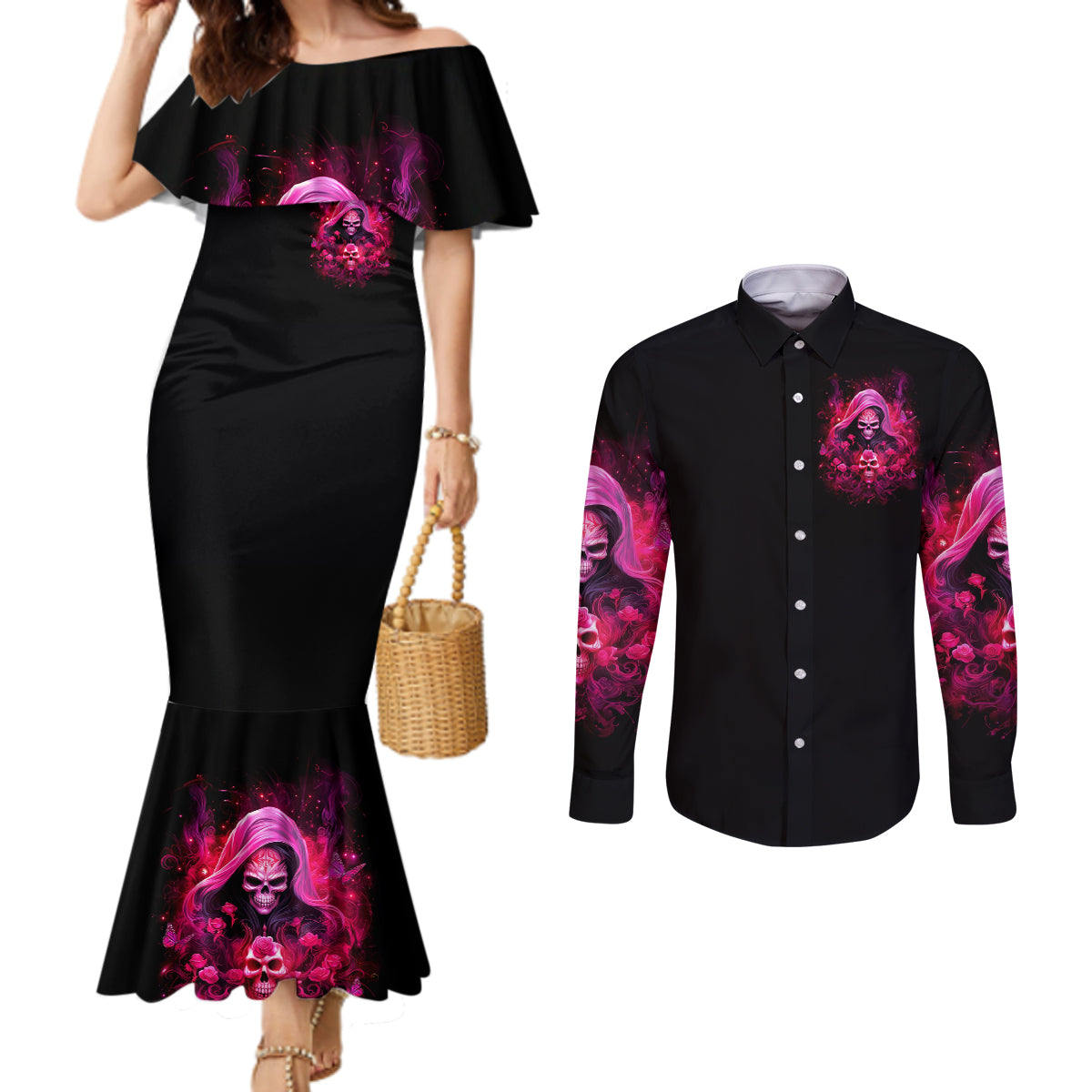 Witch Skull Couples Matching Mermaid Dress and Long Sleeve Button Shirt I'm Not Ant-Social I'm Just Not User Friendly