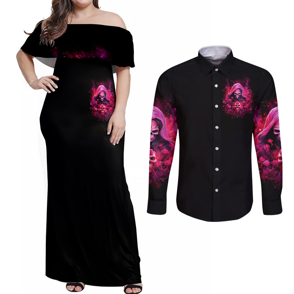 Witch Skull Couples Matching Off Shoulder Maxi Dress and Long Sleeve Button Shirt I'm Not Anti-Social I'm Just Not User Friendly - Wonder Print Shop