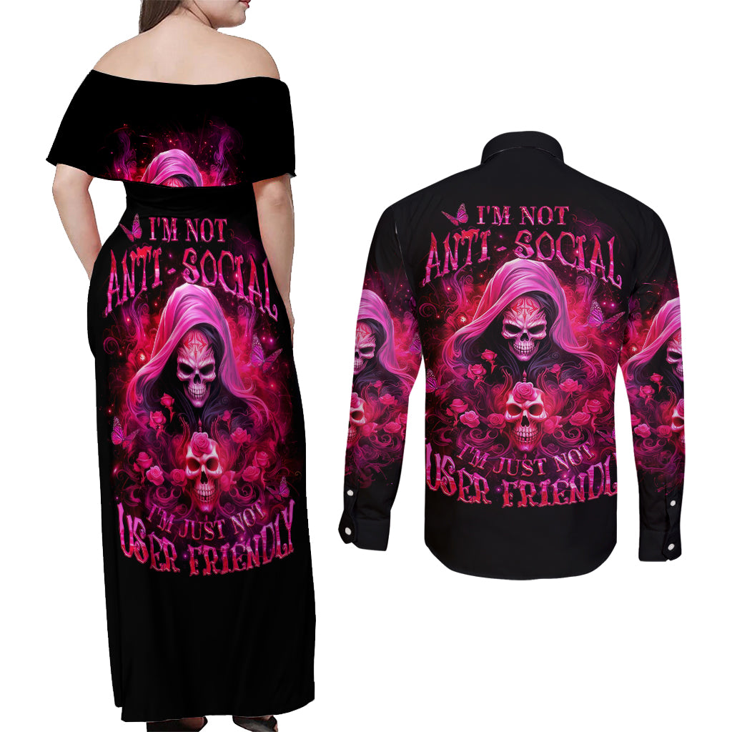Witch Skull Couples Matching Off Shoulder Maxi Dress and Long Sleeve Button Shirt I'm Not Anti-Social I'm Just Not User Friendly - Wonder Print Shop