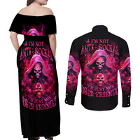 Witch Skull Couples Matching Off Shoulder Maxi Dress and Long Sleeve Button Shirt I'm Not Anti-Social I'm Just Not User Friendly - Wonder Print Shop
