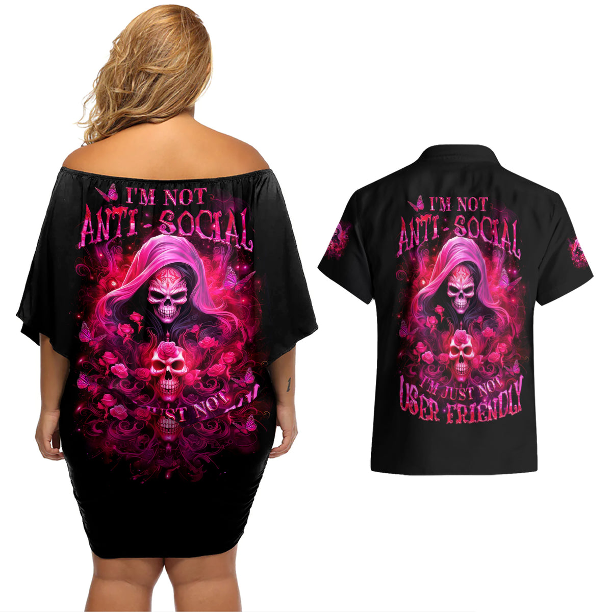 Witch Skull Couples Matching Off Shoulder Short Dress and Hawaiian Shirt I'm Not Anti-Social I'm Just Not User Friendly - Wonder Print Shop