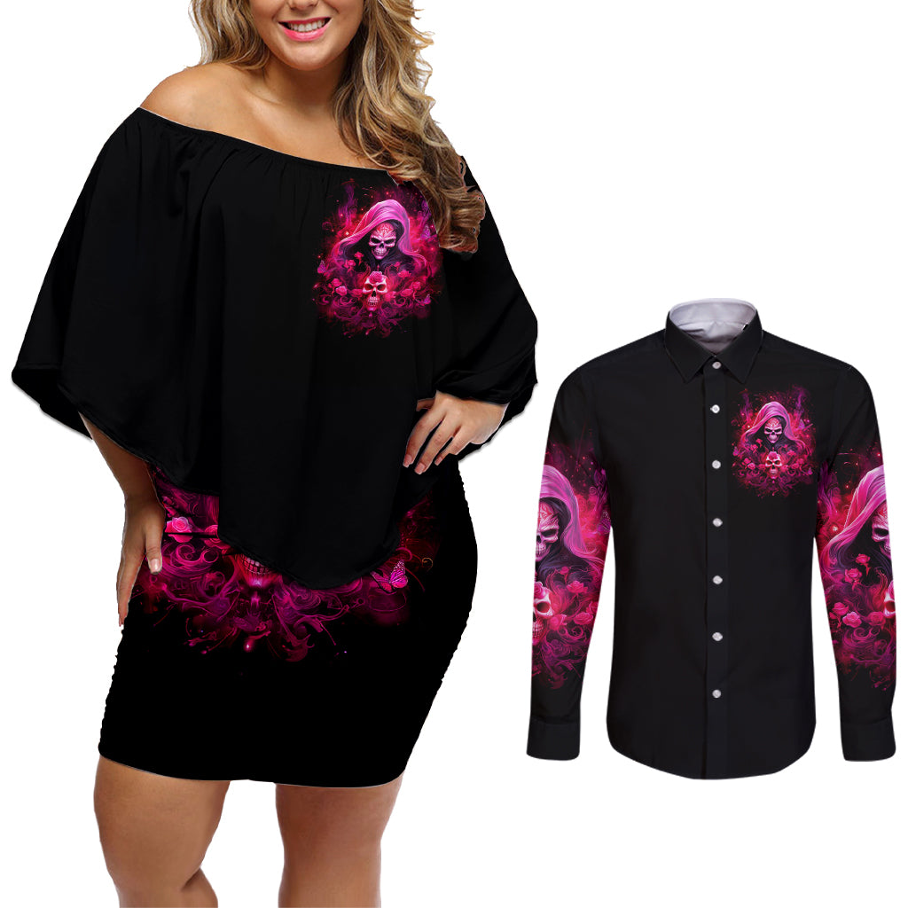 Witch Skull Couples Matching Off Shoulder Short Dress and Long Sleeve Button Shirt I'm Not Anti-Social I'm Just Not User Friendly - Wonder Print Shop