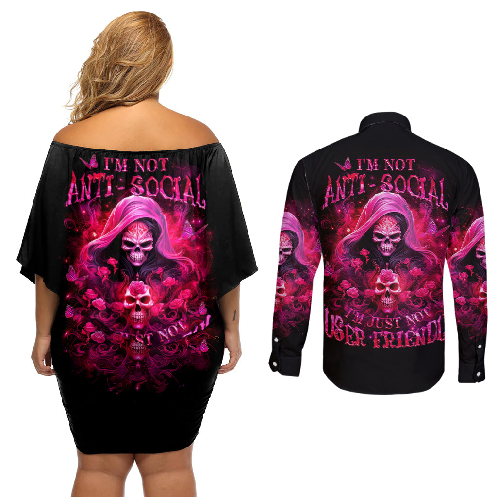 Witch Skull Couples Matching Off Shoulder Short Dress and Long Sleeve Button Shirt I'm Not Anti-Social I'm Just Not User Friendly - Wonder Print Shop