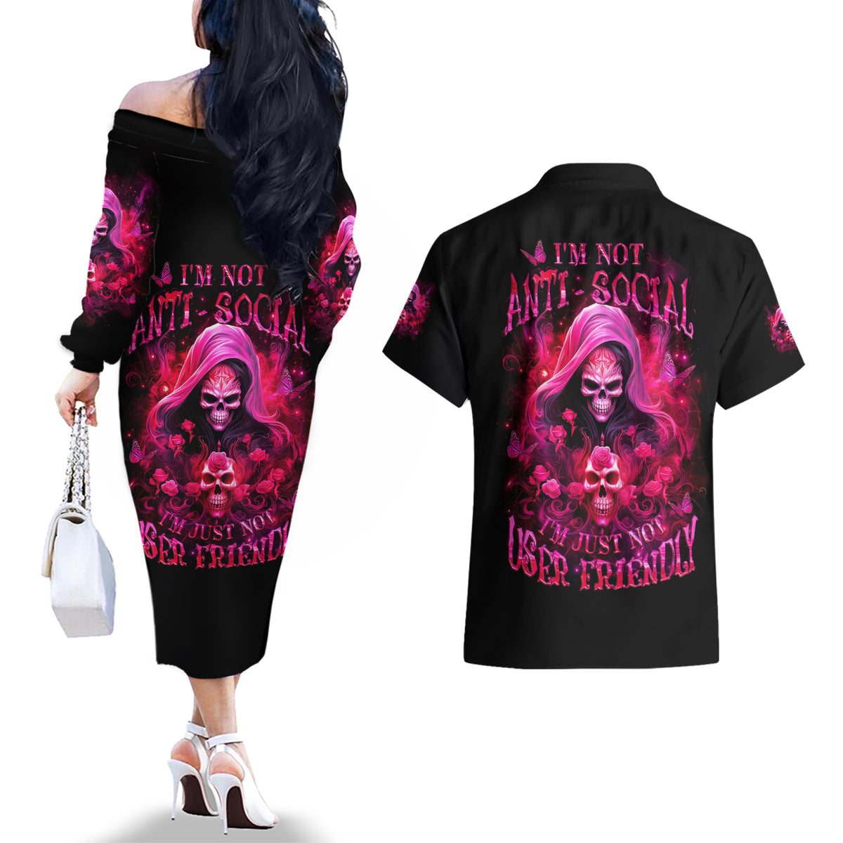 Witch Skull Couples Matching Off The Shoulder Long Sleeve Dress and Hawaiian Shirt I'm Not Anti-Social I'm Just Not User Friendly - Wonder Print Shop