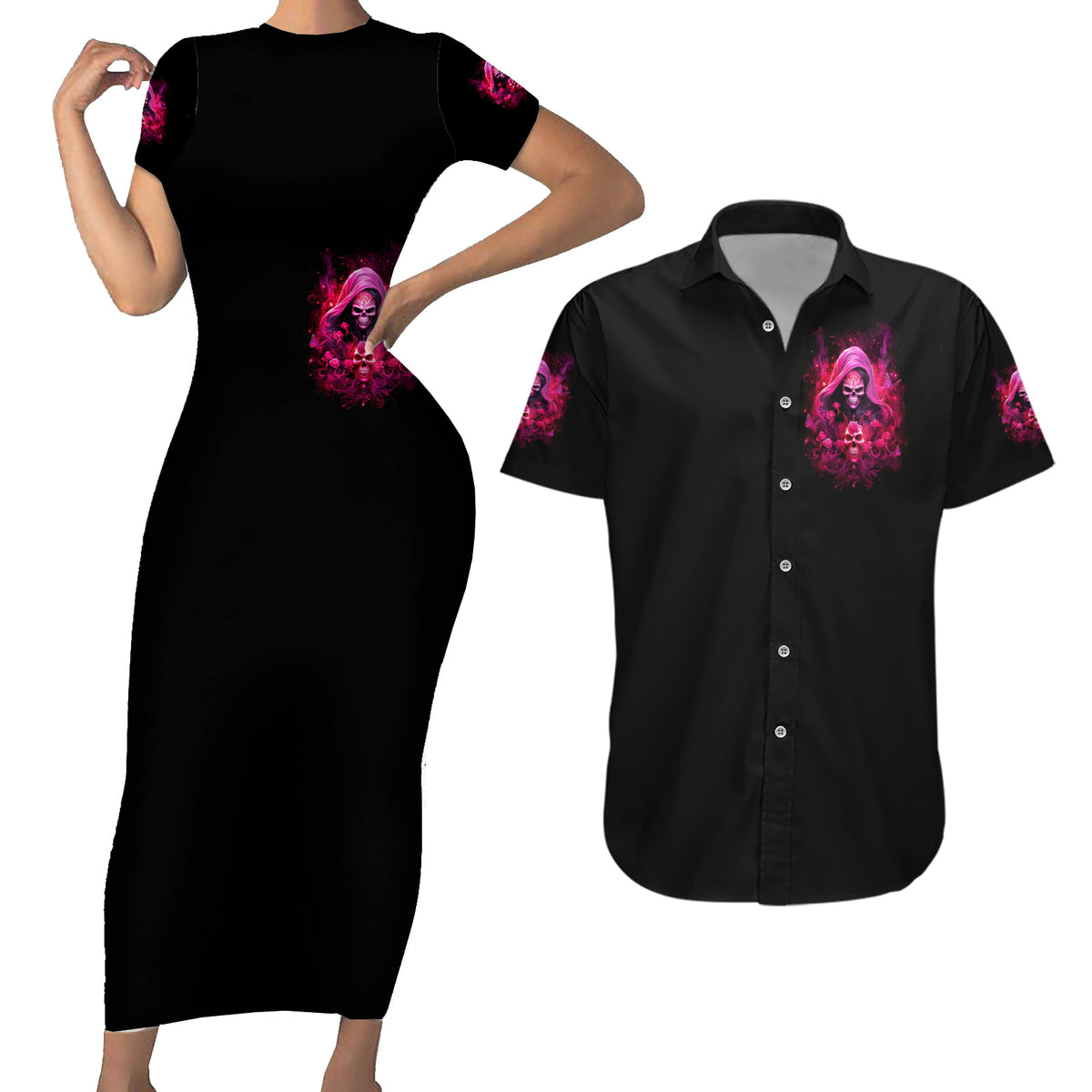 Witch Skull Couples Matching Short Sleeve Bodycon Dress and Hawaiian Shirt I'm Not Anti-Social I'm Just Not User Friendly - Wonder Print Shop