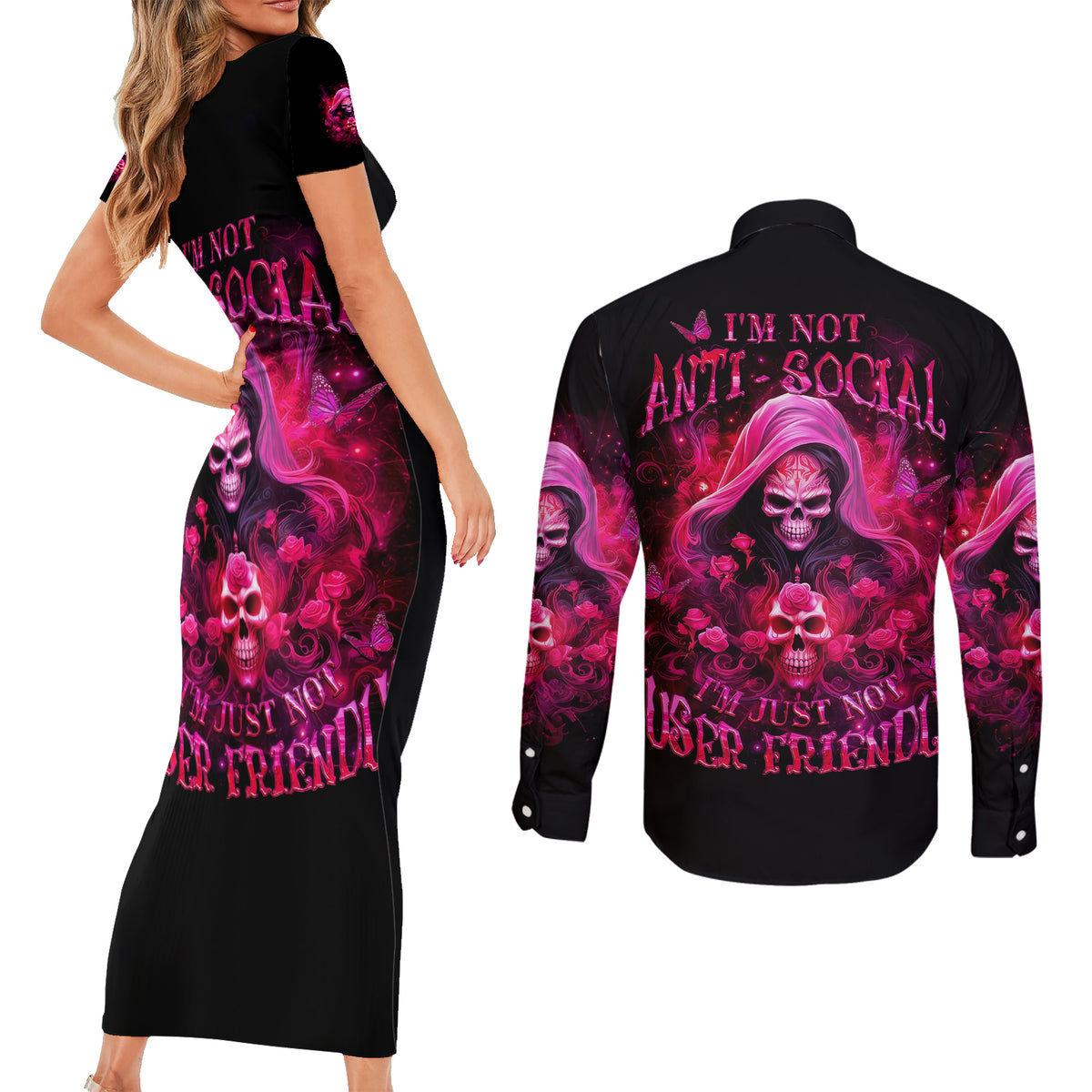 Witch Skull Couples Matching Short Sleeve Bodycon Dress and Long Sleeve Button Shirt I'm Not Anti-Social I'm Just Not User Friendly - Wonder Print Shop