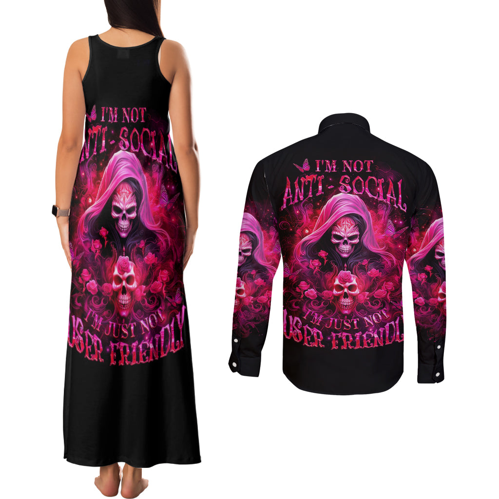 Witch Skull Couples Matching Tank Maxi Dress and Long Sleeve Button Shirt I'm Not Anti-Social I'm Just Not User Friendly - Wonder Print Shop