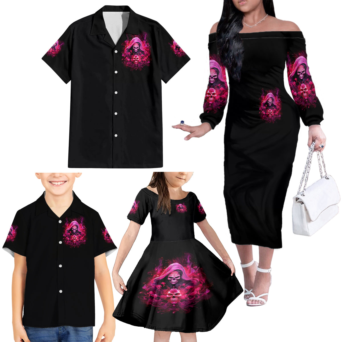 Witch Skull Family Matching Off Shoulder Long Sleeve Dress and Hawaiian Shirt I'm Not Anti-Social I'm Just Not User Friendly - Wonder Print Shop