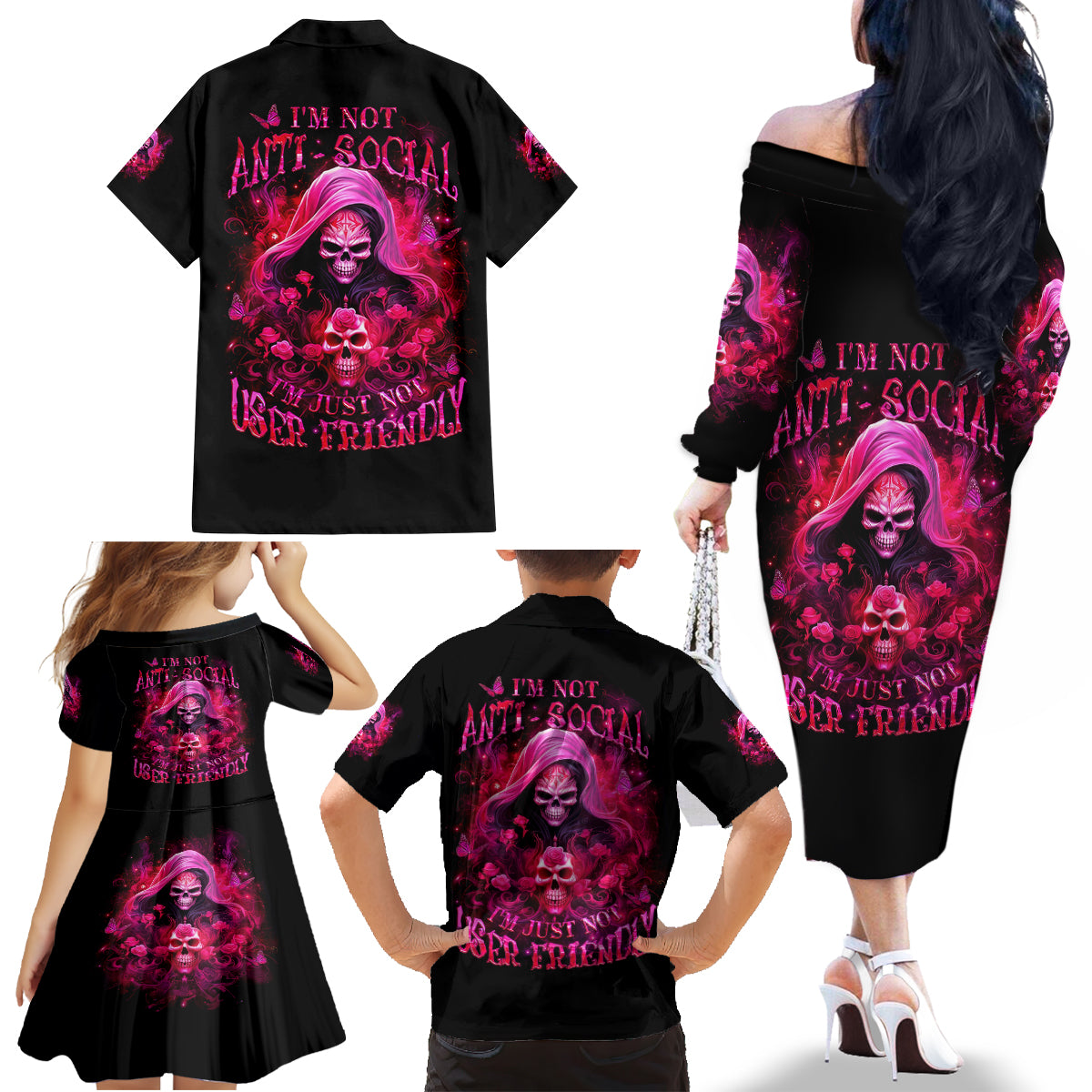Witch Skull Family Matching Off Shoulder Long Sleeve Dress and Hawaiian Shirt I'm Not Anti-Social I'm Just Not User Friendly - Wonder Print Shop