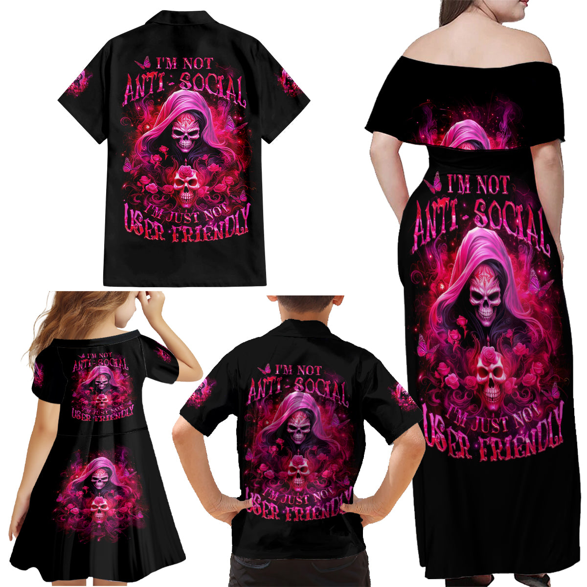 Witch Skull Family Matching Off Shoulder Maxi Dress and Hawaiian Shirt I'm Not Anti-Social I'm Just Not User Friendly - Wonder Print Shop